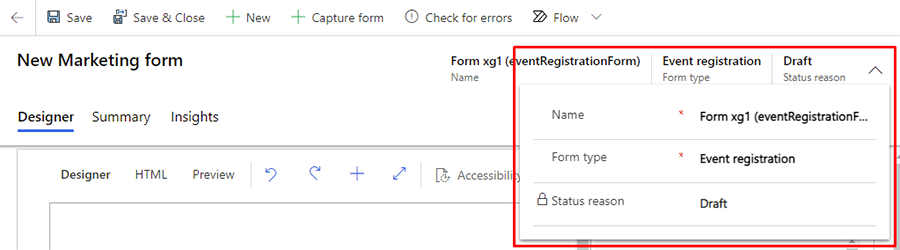 Impostazioni dell'intestazione del modulo di registrazione evento.