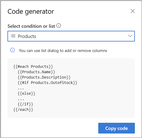 Screenshot di codice generato per aggiungere condizioni nell'elenco.