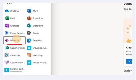 Screenshot della selezione di una Power App dal dashboard