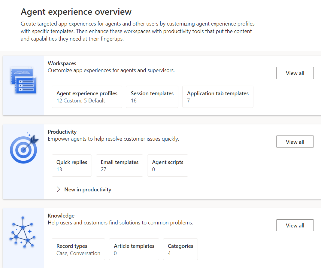 Pagina della panoramica dell'esperienza agente in Interfaccia di amministrazione Customer Service.