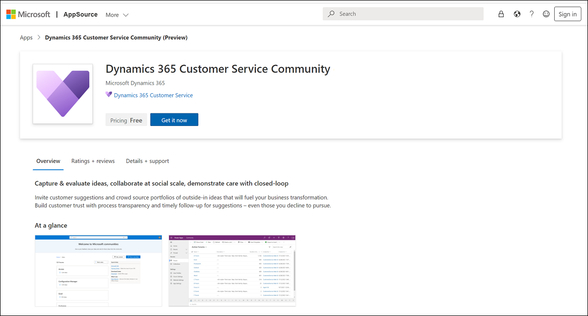 Pagina di download Microsoft AppSource Dynamics 365 Customer Service Community.