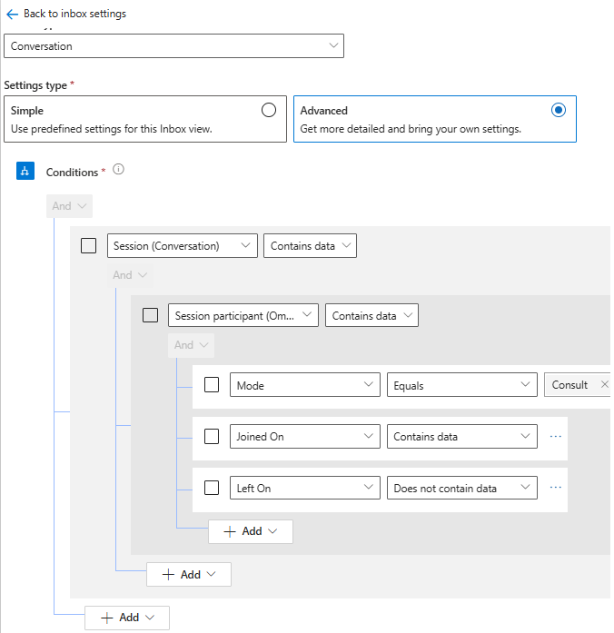 Screenshot del generatore di condizioni per visualizzare le sessioni di consultazione nella posta in arrivo.