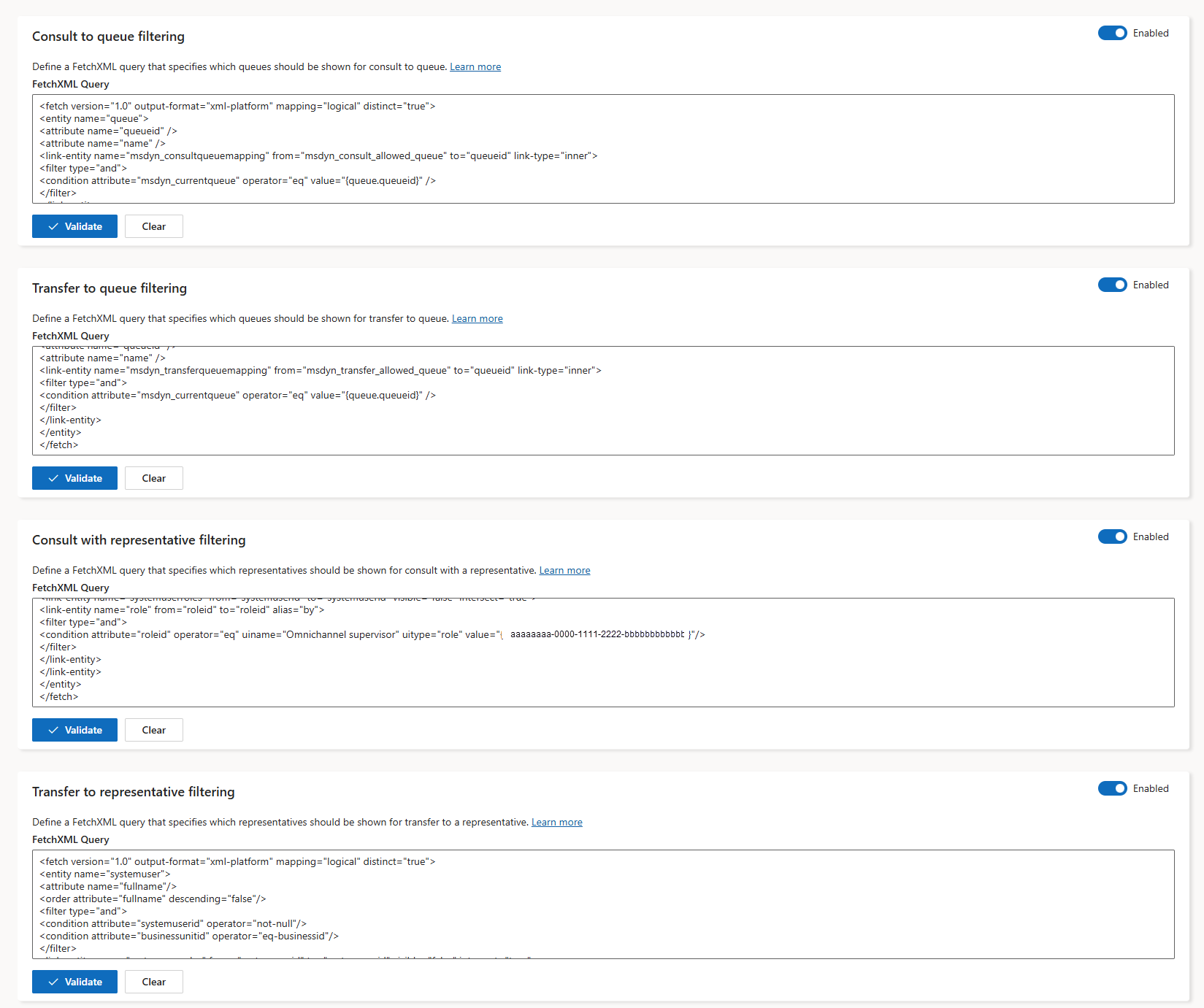 Screenshot di FetchXMLs per limitare i rappresentanti durante gli scenari di consultazione e trasferimento.