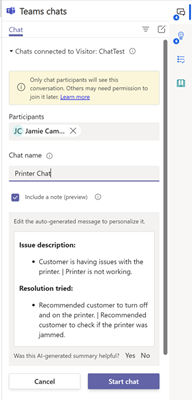 Screenshot che mostra la casella di controllo Includi una nota nel riquadro Chat di Teams.
