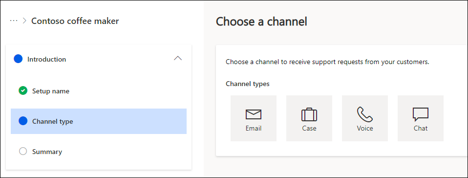 Uno screenshot della Configurazione guidata canale che mostra i tipi di canale che possono essere configurati tramite la procedura guidata.