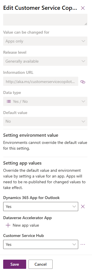 Screenshot della definizione dell'impostazione di Power Apps.