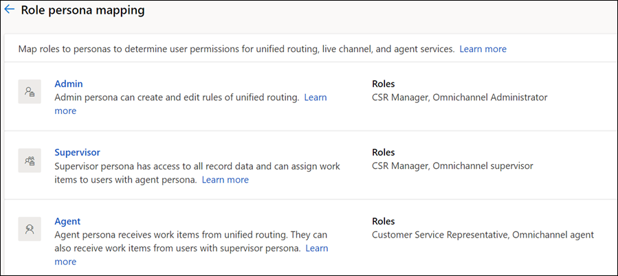 Una vista dei ruoli mappati agli utenti tipo amministratore, supervisore e agente.