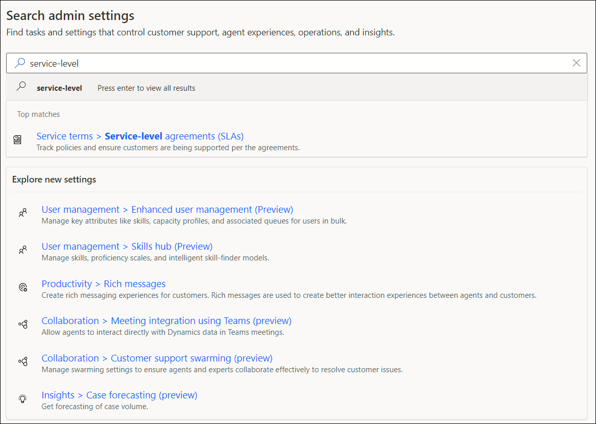 Screenshot della pagina Cerca impostazioni amministratore che elenca le impostazioni delle nuove funzionalità e le impostazioni che corrispondono alla stringa di ricerca.