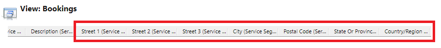 Screenshot of columns related to address for booking calendar.