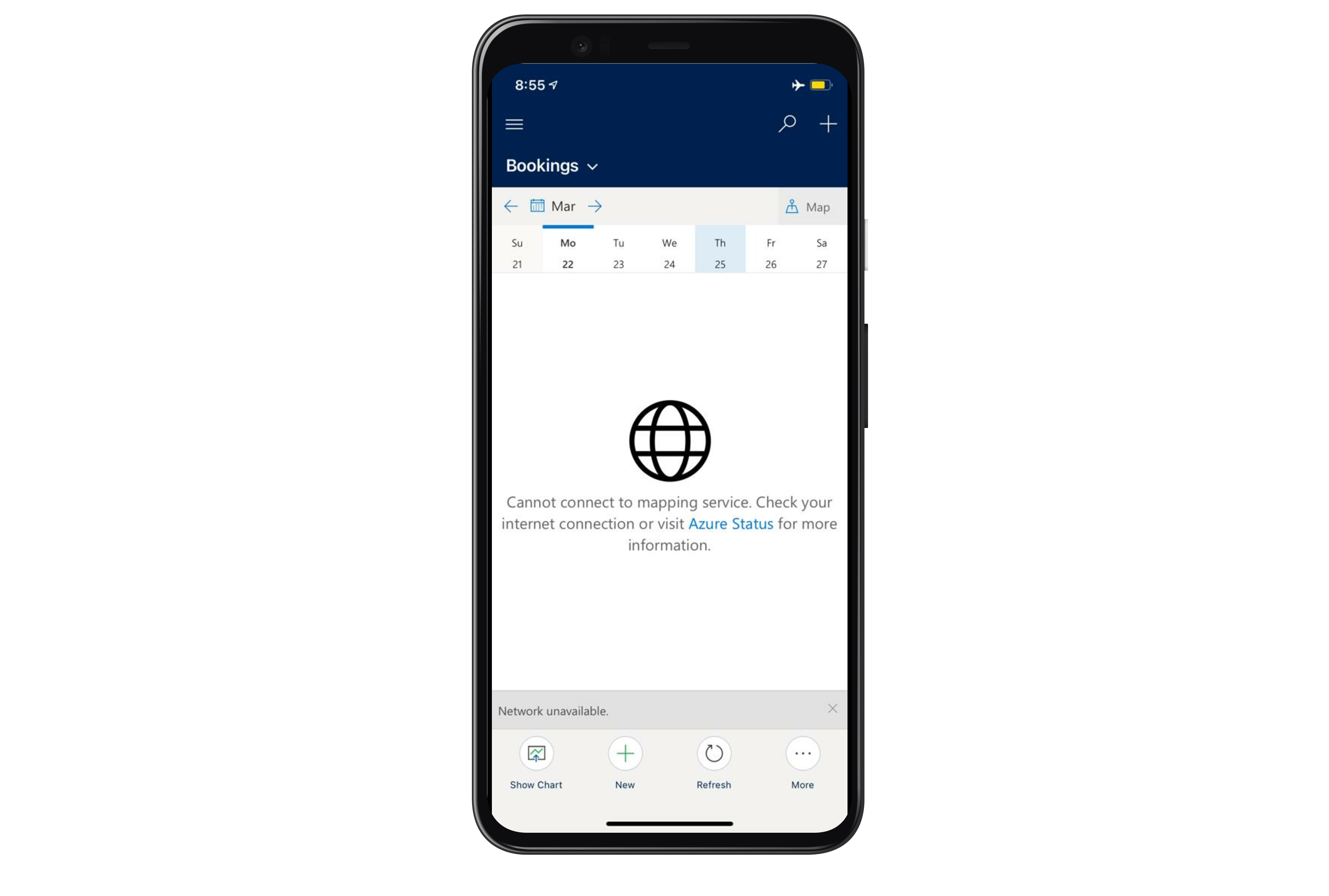 Field Service Mobile, che mostra un messaggio indicante che l'app non può connettersi al servizio di mappatura.