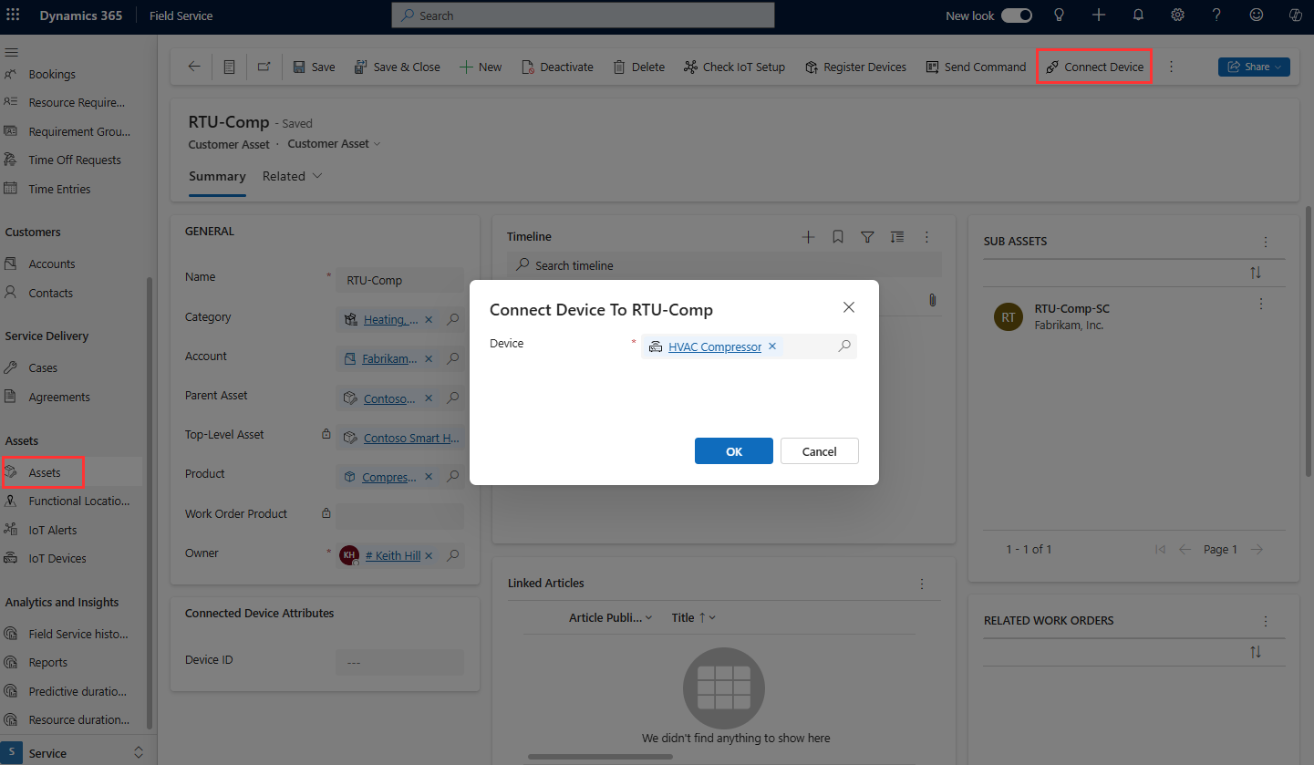 Screenshot della finestra di dialogo Connetti dispositivo in un record cespite in Field Service.