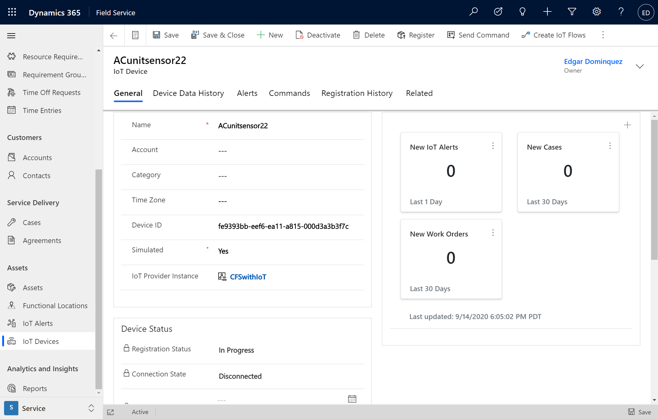 Screenshot del nuovo dispositivo IoT in Field Service, con un ID dispositivo.