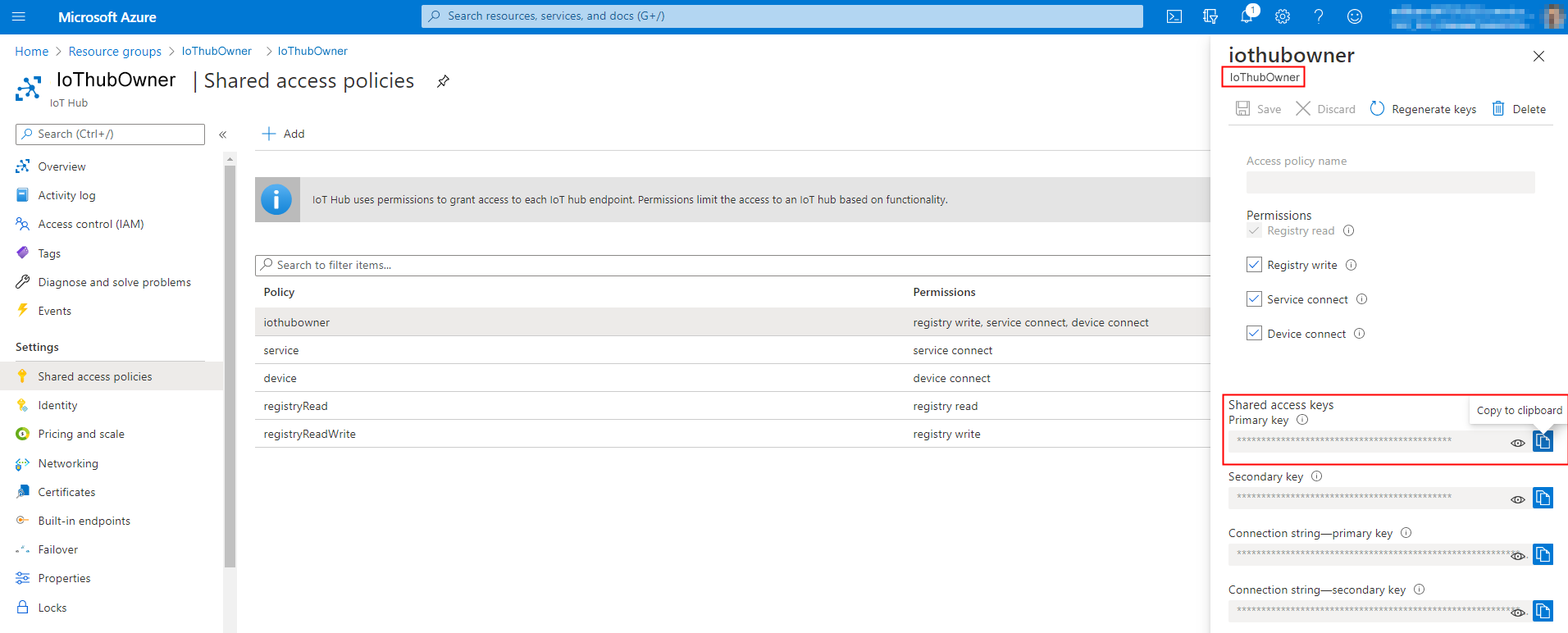 Screenshot dei criteri di accesso condiviso alle risorse dell'hub IoT di Azure per iothubowner, con la chiave primaria evidenziata.