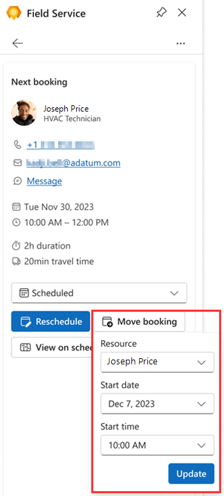 Screenshot del riquadro Field Service in Outlook con l'elemento Sposta prenotazione evidenziato