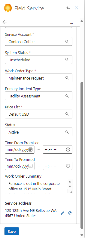 Screenshot dei dettagli dell'ordine di lavoro di Field Service Outlook