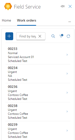 Screenshot del riquadro Field Service in Outlook, con quattro ordini di lavoro elencati