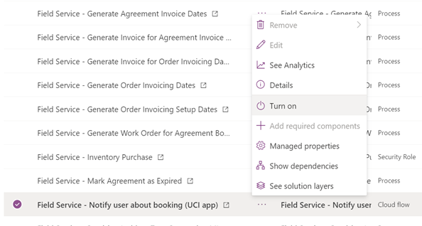 Power Apps che mostra il flusso chiamato Field Service - Invia all'utente una notifica sulla prenotazione (app UCI).
