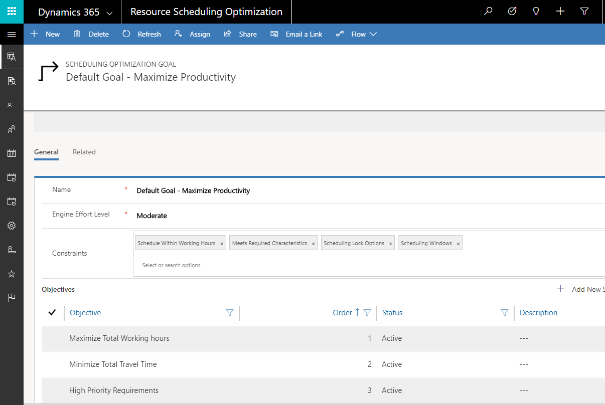 Screenshot dell'obiettivo predefinito distribuito con Resource Scheduling Optimization.