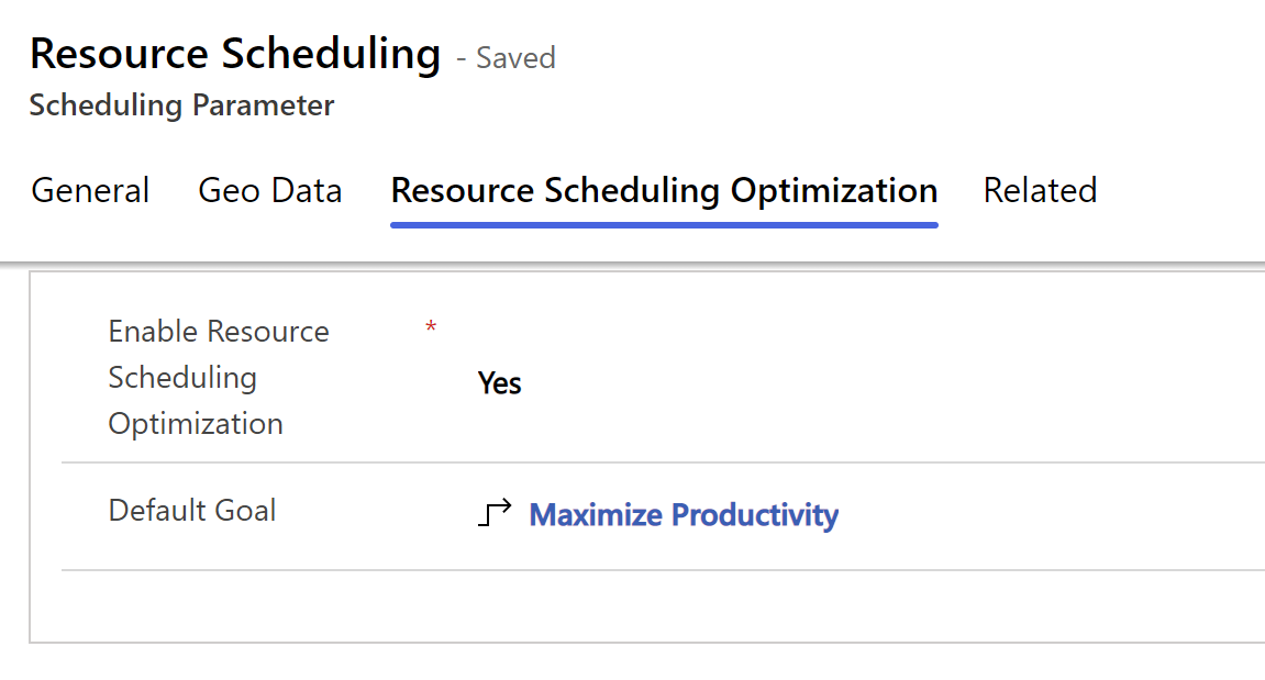 Screenshot della scheda Resource Scheduling Optimization.