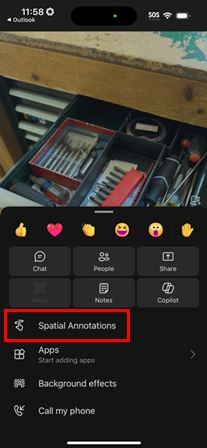 Screenshot di Teams su un telefono cellulare che mostra la selezione di Annotazioni spaziali