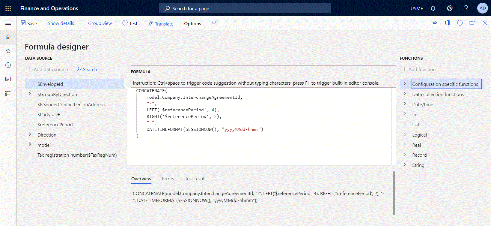 Gif dell'editor di formule ER che mostra un'origine dati aggiunta e una funzione incollata.