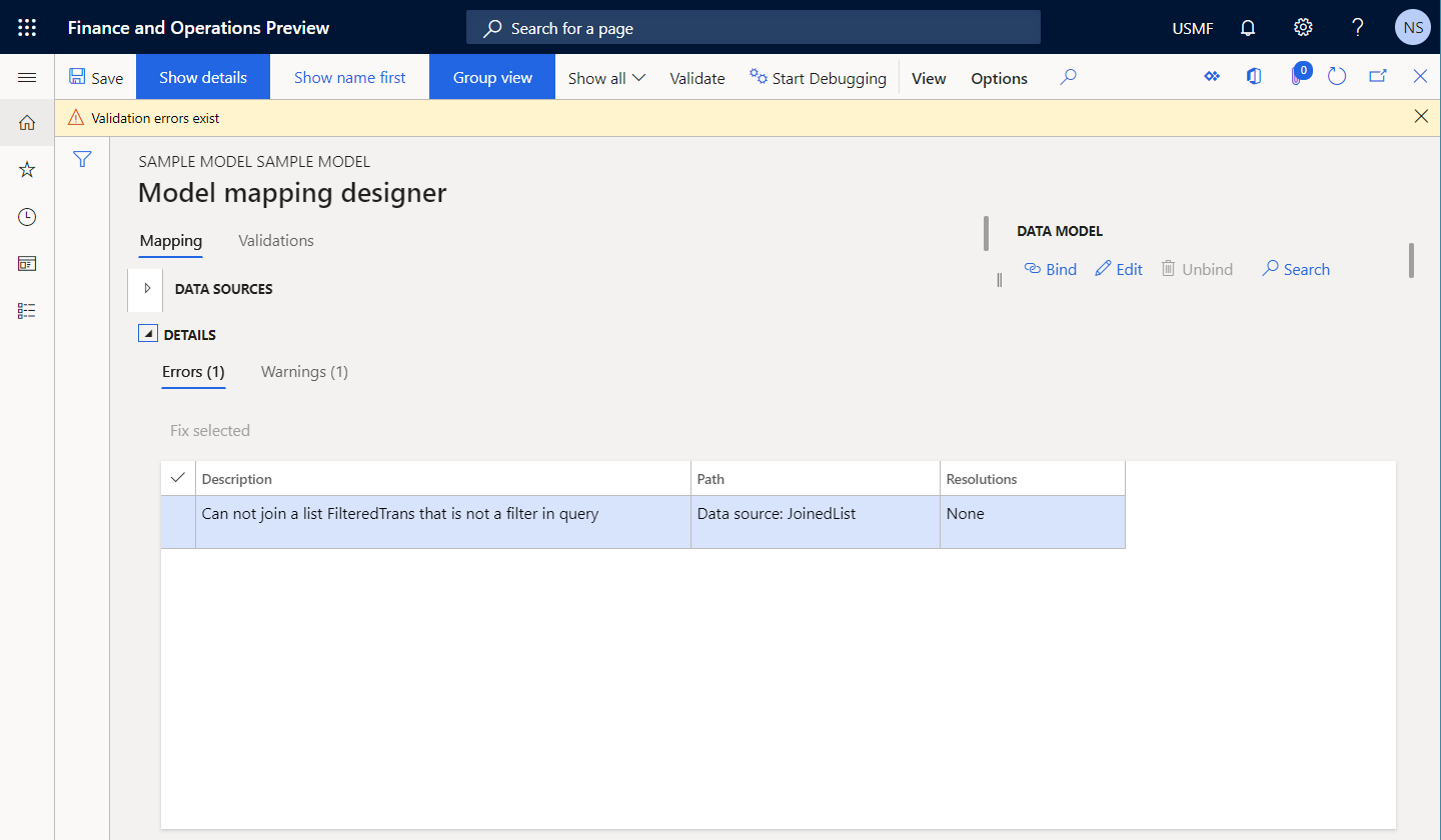 Errori di runtime dovuti alla convalida non riuscita dell'origine dati JoinedList nella pagina Progettazione mapping modello.