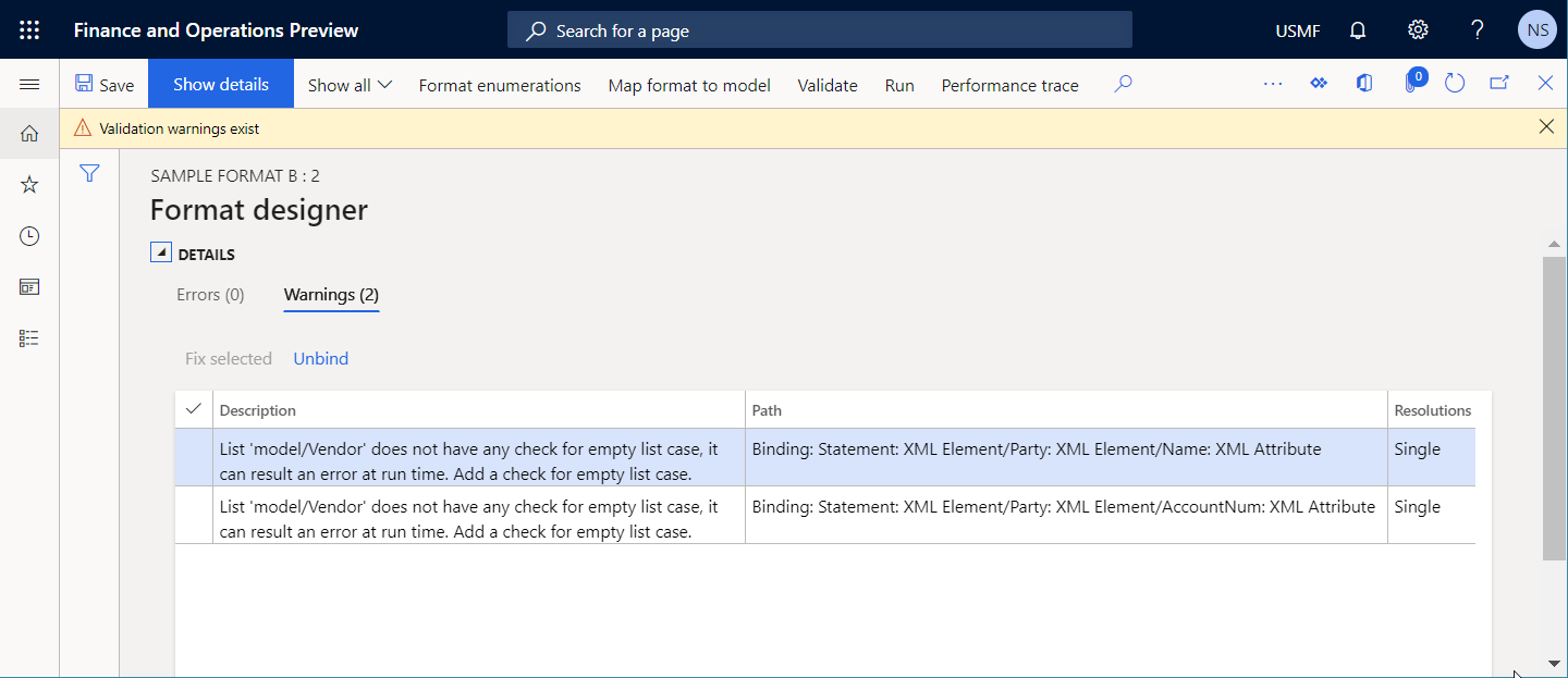 Errore di convalida su un potenziale errore per i componenti di formato configurati.