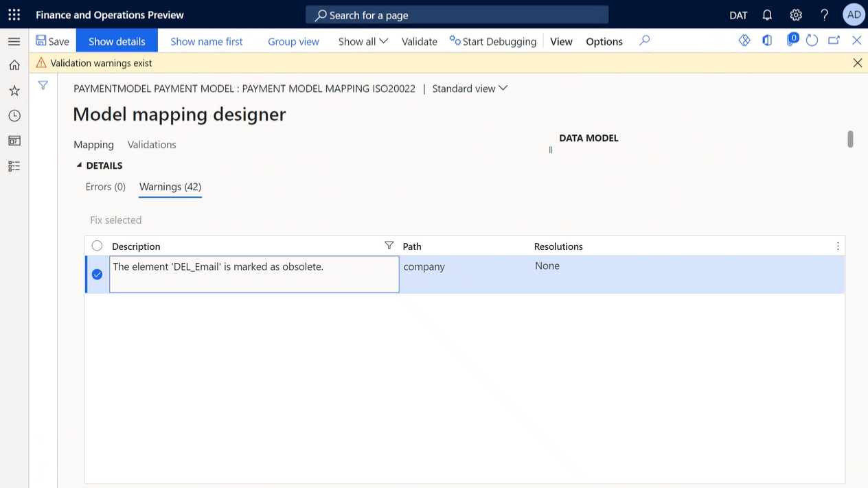 Esamina gli avvisi di convalida nella Scheda dettaglio Dettagli nella pagina Progettazione mapping modello.