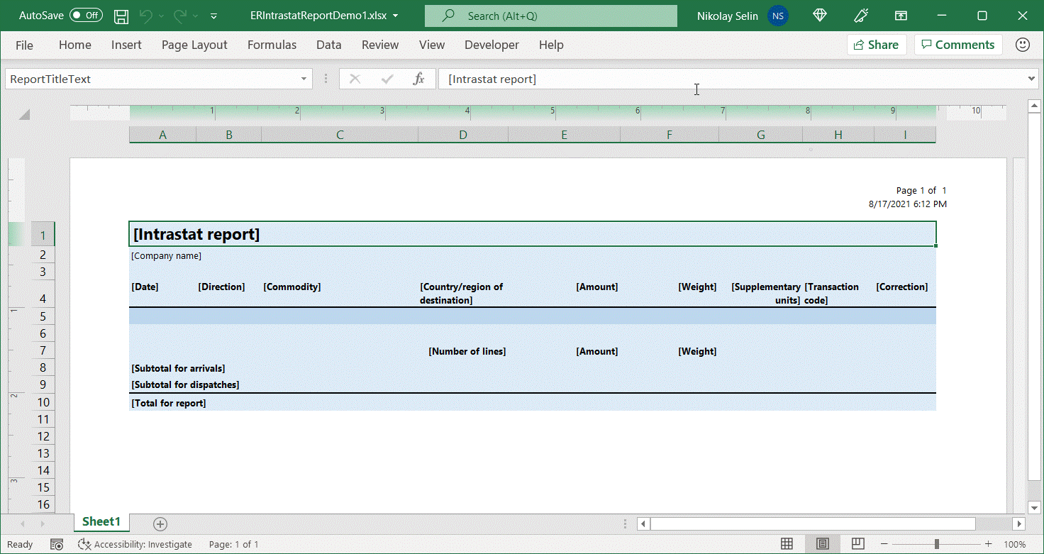 Il layout del modello di Excel 1 nell'applicazione desktop.