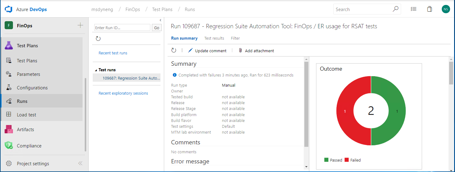 Risultati dei test non superati in Azure DevOps.