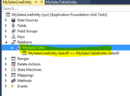 Screenshot of entity relations configuration showing MySalesLineEntity relationship to MySalesTableEntity.