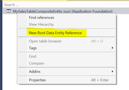 Screenshot of composite entity designer context menu with New Root Data Entity Reference option highlighted.