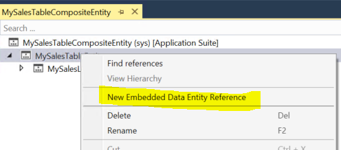 Screenshot of composite entity designer showing New Embedded Data Entity Reference option in context menu.