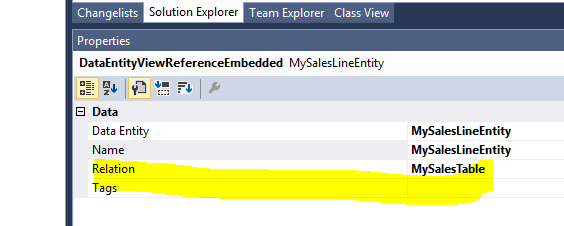 Screenshot of embedded data entity properties panel showing Relation property dropdown configuration.