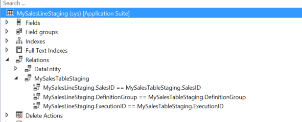 Screenshot of staging table foreign key relation configuration for MySalesLineStaging table.