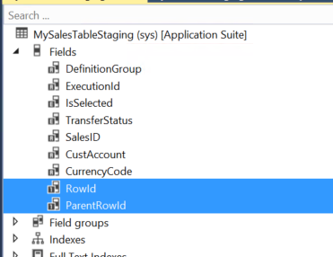 Screenshot of staging table columns showing RowId and ParentRowId configuration with integer data types.