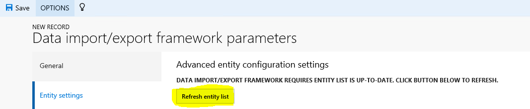 Screenshot of DIXF Parameters Entity settings page with Refresh entity list button highlighted.