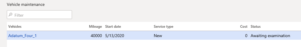Screenshot of the Vehicle Maintenance form showing a rental awaiting examination.