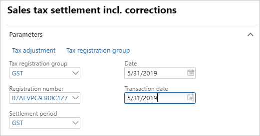 Sales tax settlement including corrections dialog box.