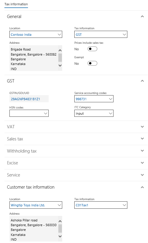 Tax information dialog box for creating a customer advance invoice.