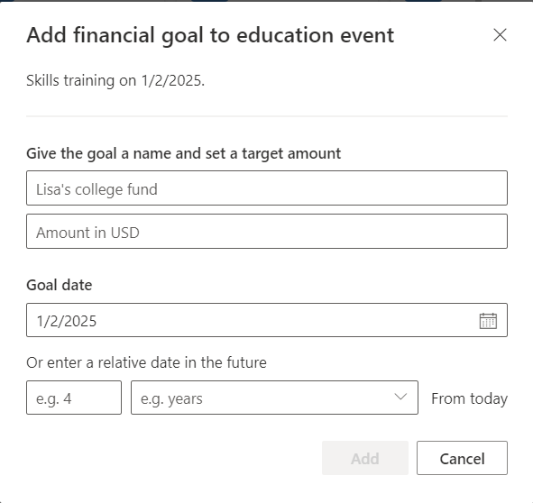 Screenshot dell'obiettivo finanziario da aggiungere.