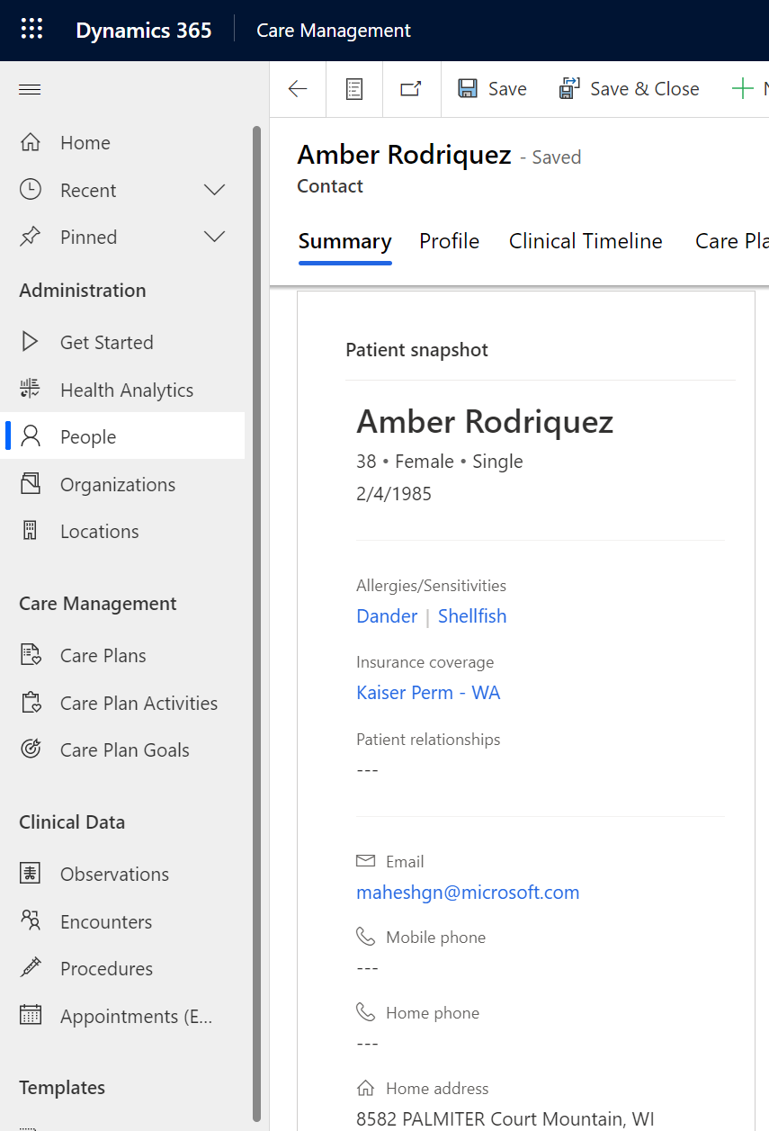 Screenshot che mostra uno snapshot paziente di esempio.
