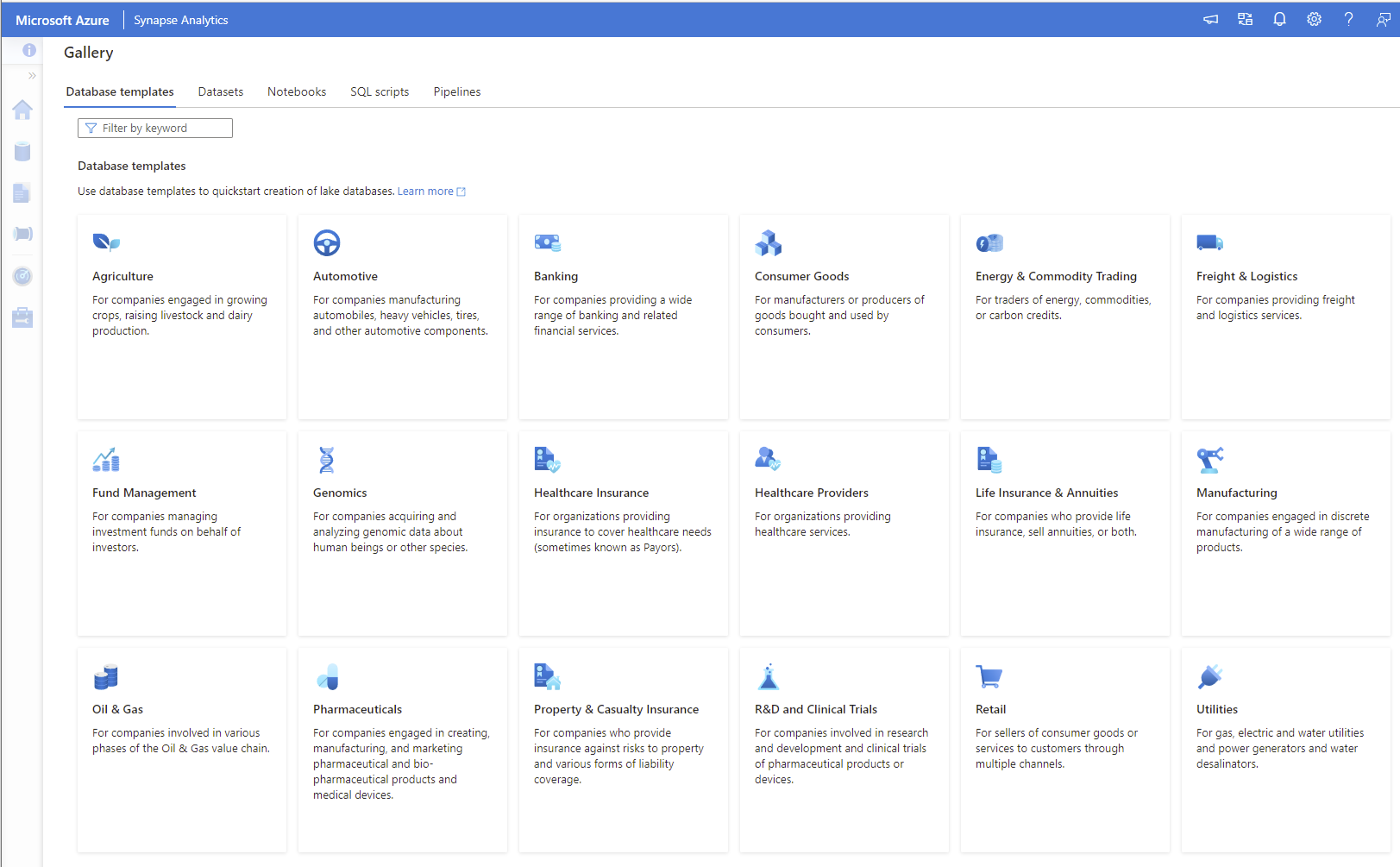 Screenshot che mostra una vista della raccolta dei modelli di database.