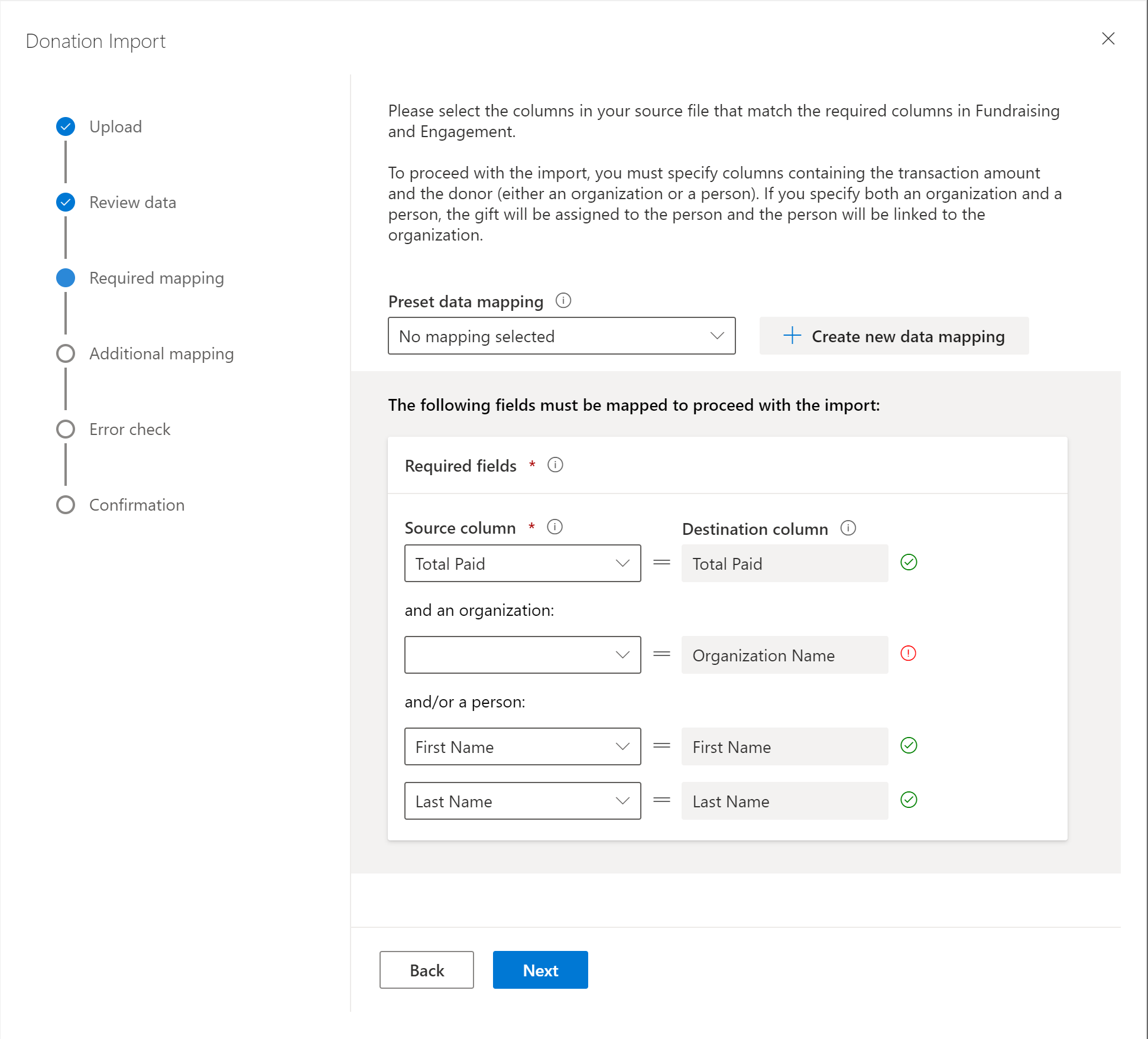 Mapping the source file with Fundraising and Engagement fields.