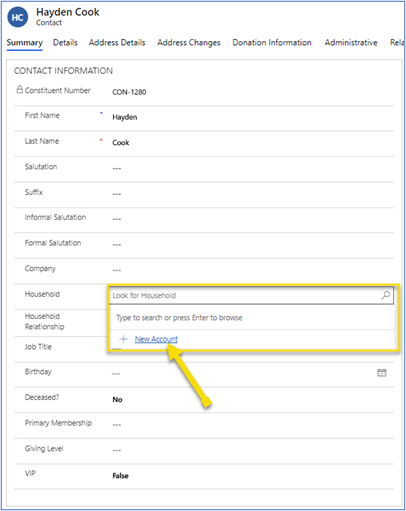 Add Household from contact record Add Household from contact record.
