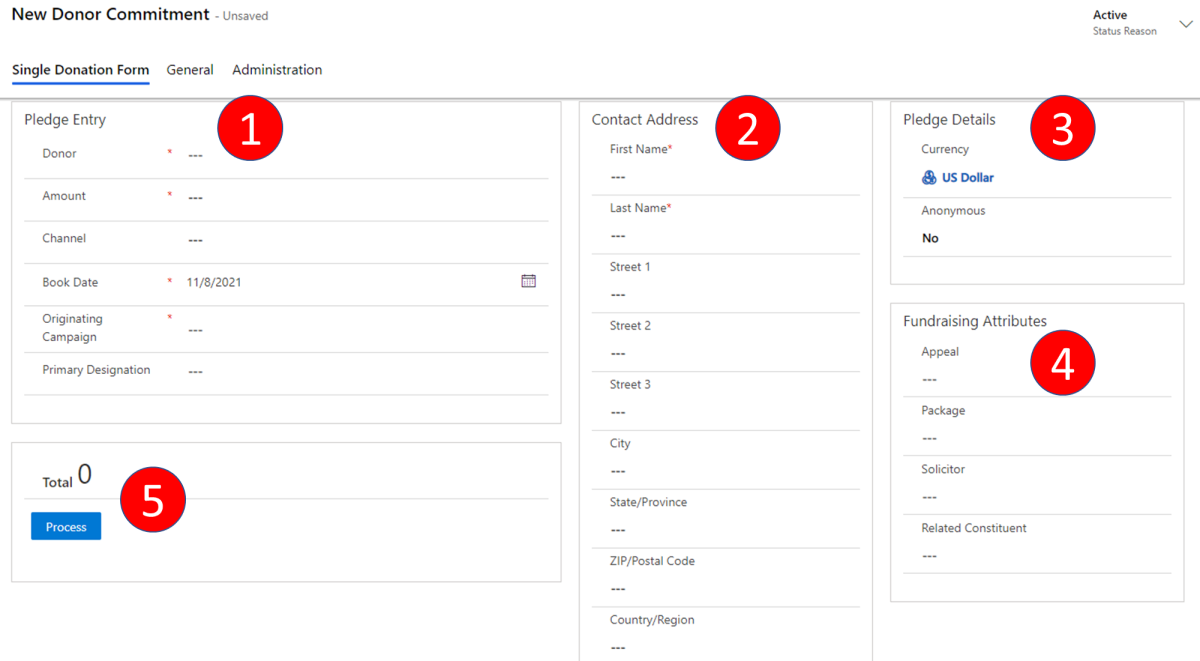 Add a new donor commitment on the Single Donation Form tab.