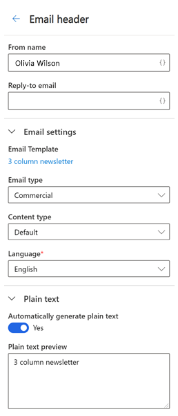 Accedere alle altre impostazioni dell'intestazione e-mail.