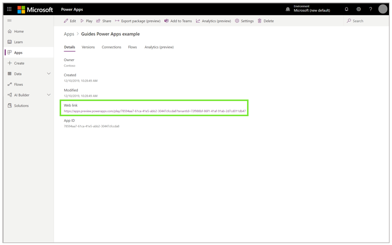 Screenshot del campo Collegamento Web contenente l'URL per il collegamento Power Apps Screenshot del campo Collegamento Web contenente l'URL per il collegamento Power Apps.