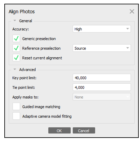 Impostazioni predefinite di Align Photos.
