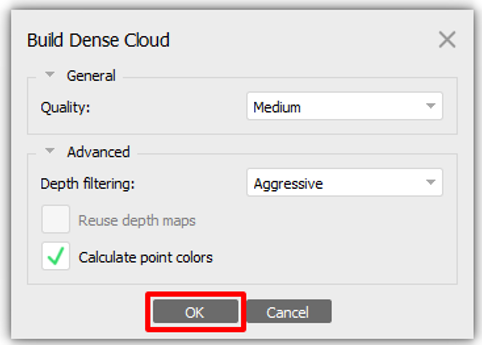 Impostazioni di Build Dense Cloud.